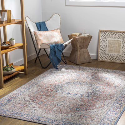 Traditional Oriental Medallion Design Ivory, Blue and rust low pile Area Rug - The Rug Decor