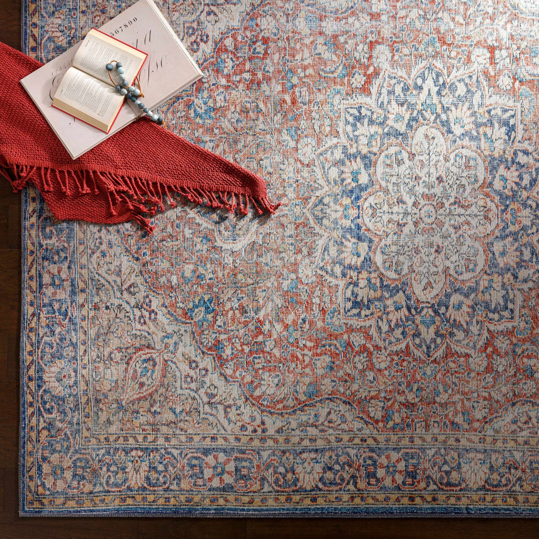 Traditional Oriental Medallion Design Ivory, Blue and rust low pile Area Rug - The Rug Decor