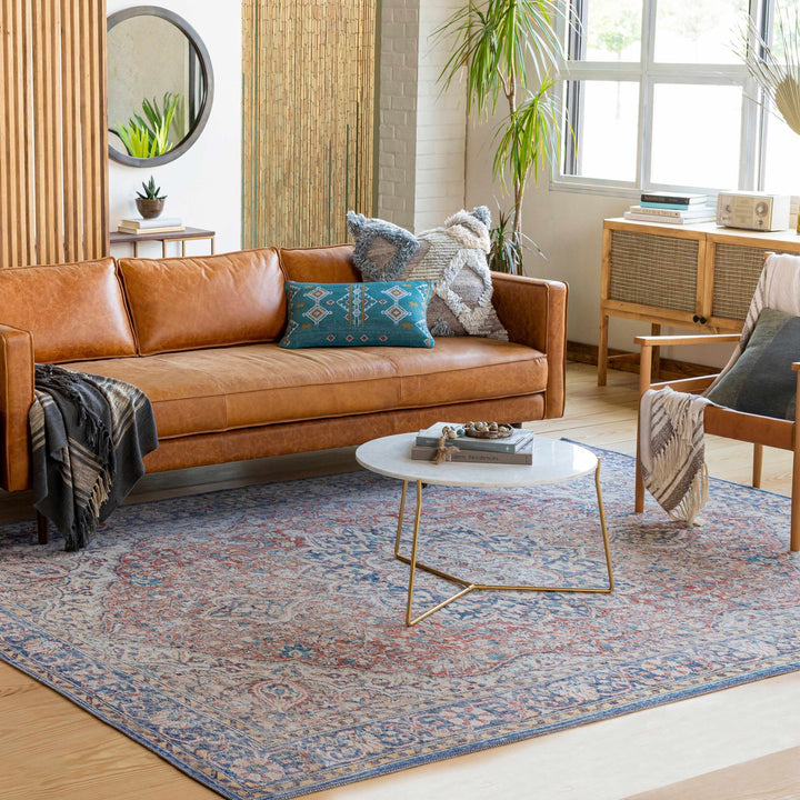 Traditional Oriental Medallion Design Ivory, Blue and rust low pile Area Rug - The Rug Decor