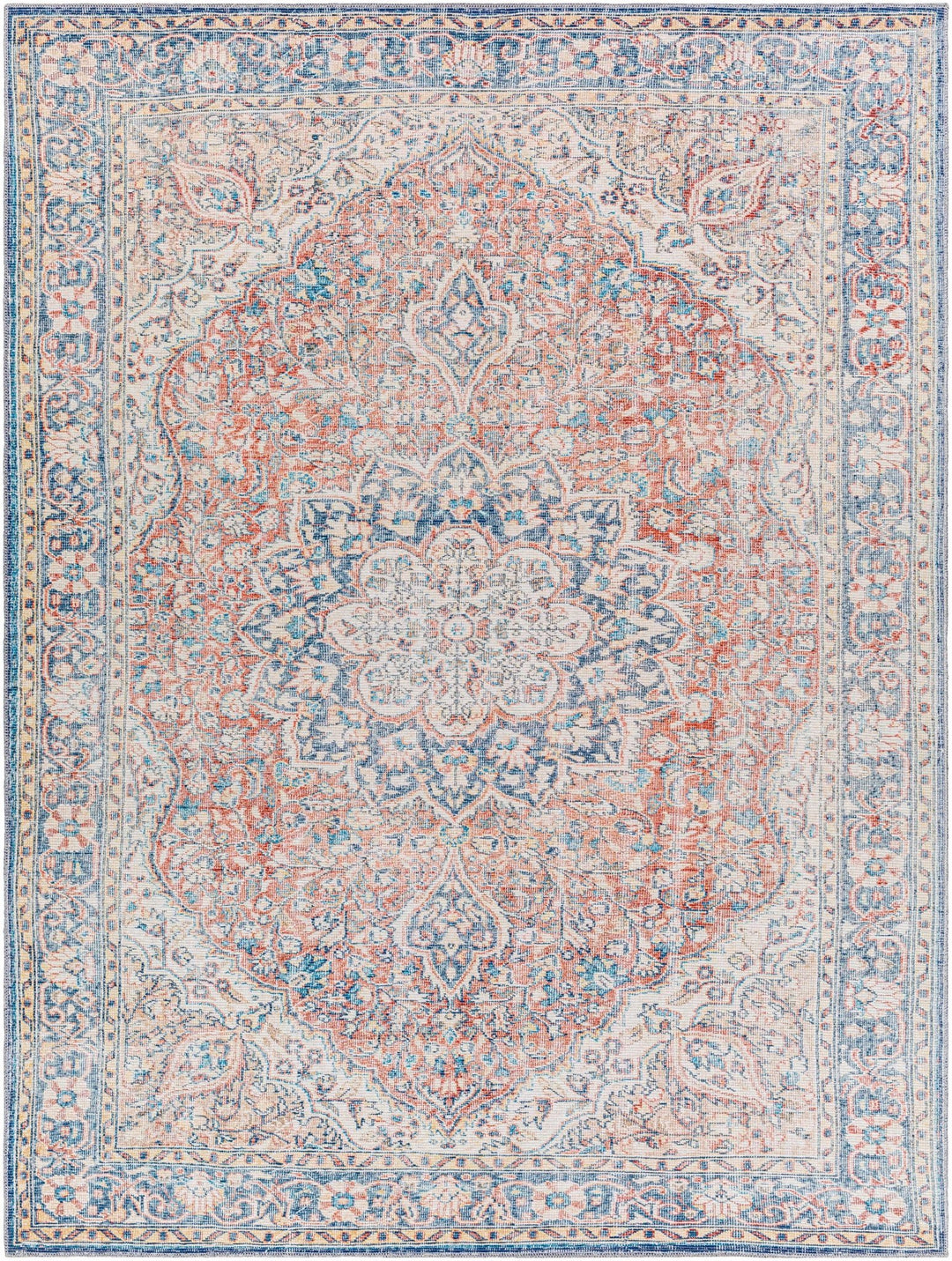 Traditional Oriental Medallion Design Ivory, Blue and rust low pile Area Rug - The Rug Decor