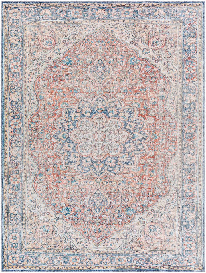Traditional Oriental Medallion Design Ivory, Blue and rust low pile Area Rug - The Rug Decor
