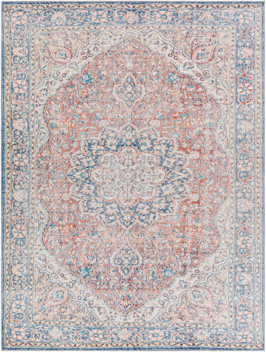 Traditional Oriental Medallion Design Ivory, Blue and rust low pile Area Rug - The Rug Decor