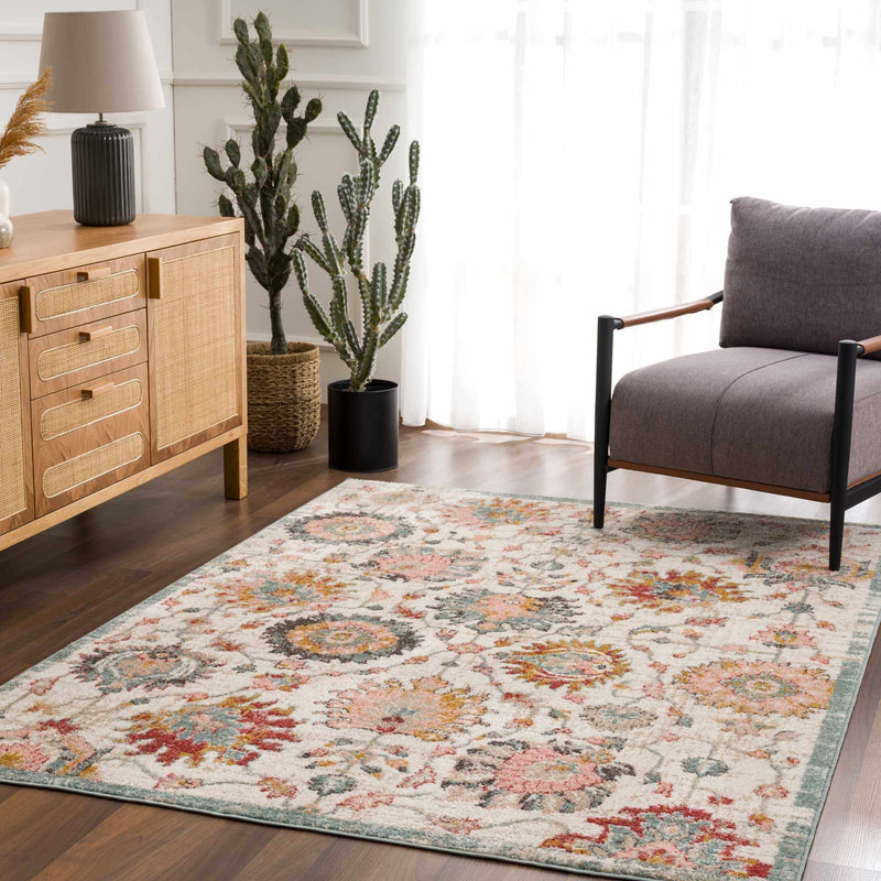 Traditional Oushak Design Ivory, Peach, Red and Teal Medium pile Floral Area Rug - The Rug Decor
