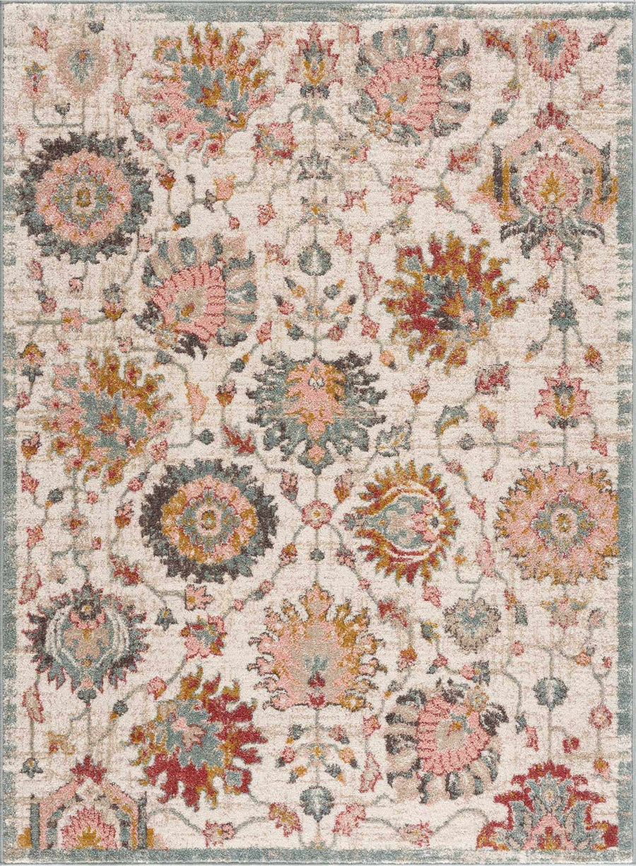 Traditional Oushak Design Ivory, Peach, Red and Teal Medium pile Floral Area Rug - The Rug Decor