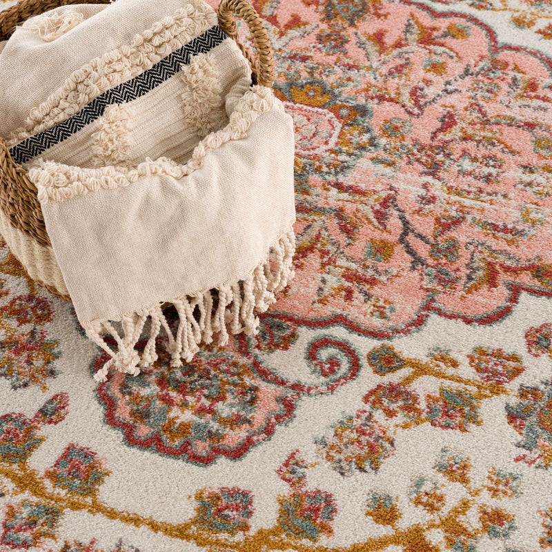 Traditional Peach, Ivory, Brown and Gold Medium Pile Medallion Design Area Rug - The Rug Decor