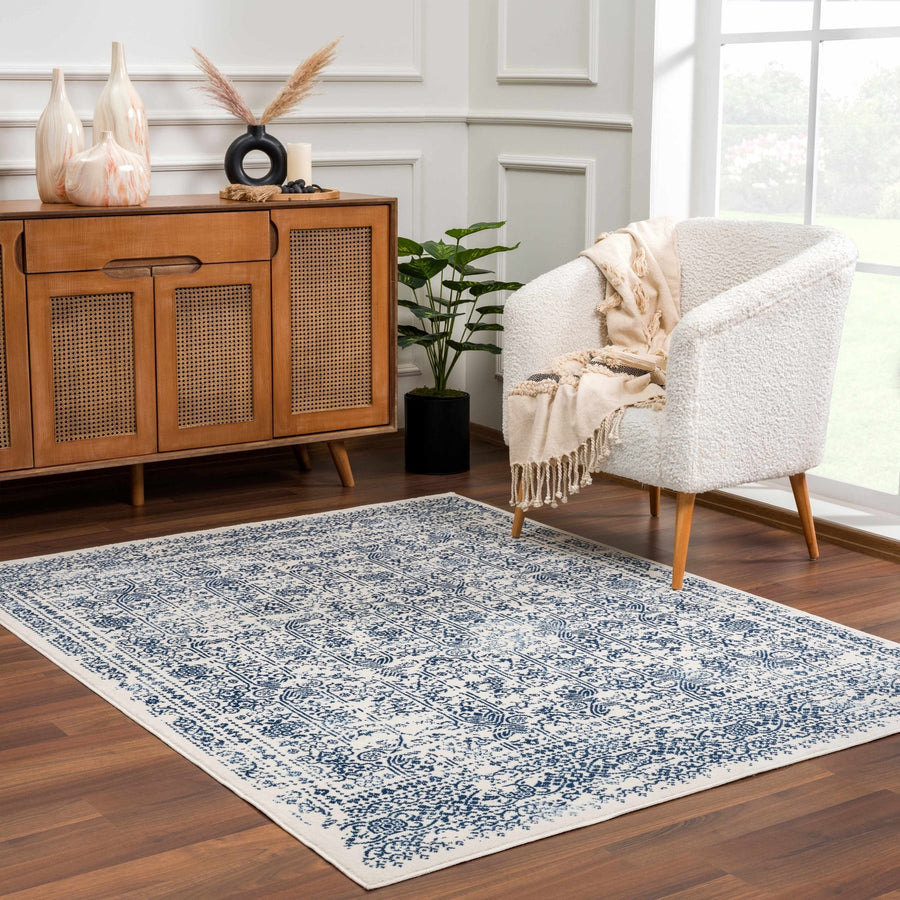 Traditional Transitional Ivory and Blue Medium Pile Area Rug - The Rug Decor