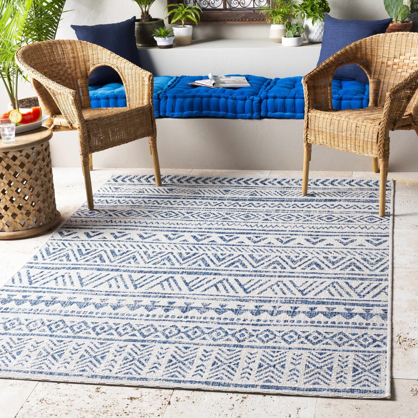 Traditional Tribal look Ivory and Blue Indoor and Outdoor Area Rug - The Rug Decor