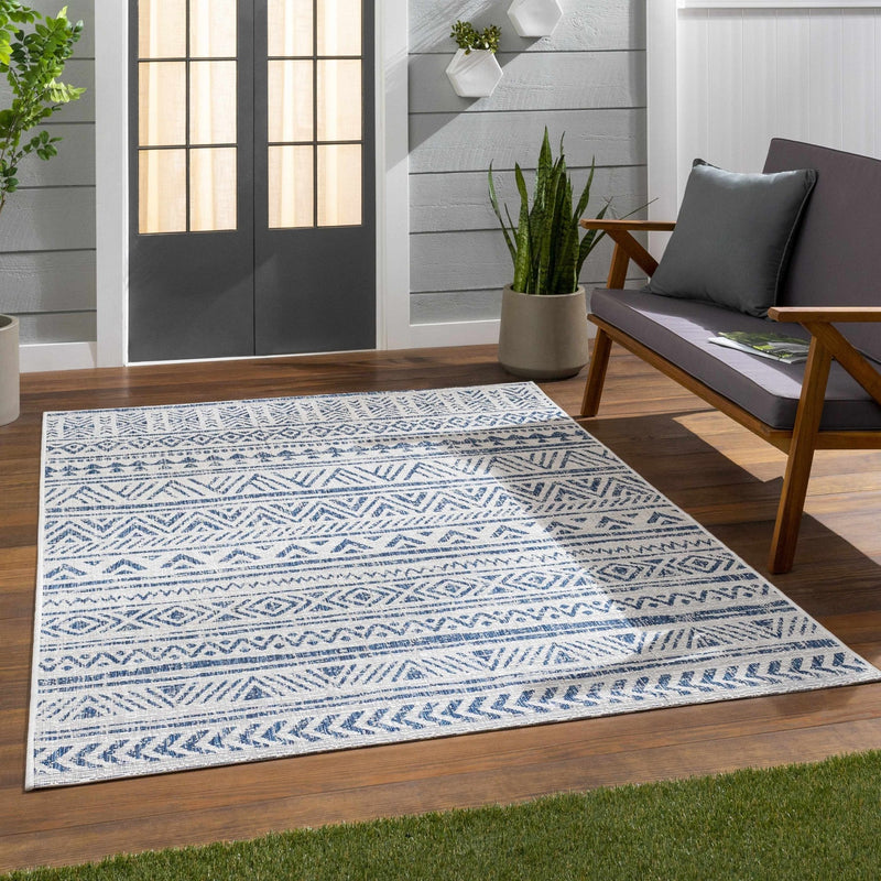 Traditional Tribal look Ivory and Blue Indoor and Outdoor Area Rug - The Rug Decor
