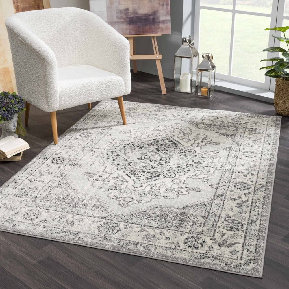 Traditional Turkish Deign Ivory, Gray and Black Style Low Pile Area Rug - The Rug Decor