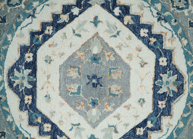 Traditional Turkish Design Hand Hooked Ivory, Gray and Blue Wool Area Rug - The Rug Decor