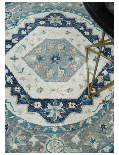 Traditional Turkish Design Hand Hooked Ivory, Gray and Blue Wool Area Rug - The Rug Decor