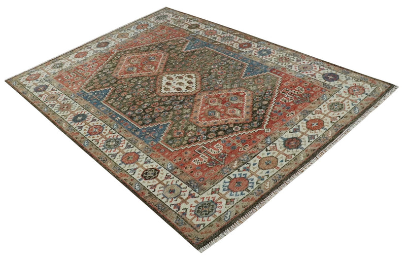 Traditional Vintage Style Green, Rust and Ivory Turkish 8x10 wool Area Rug - The Rug Decor