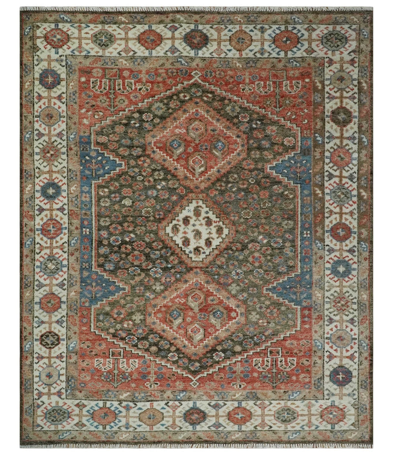 Traditional Vintage Style Green, Rust and Ivory Turkish 8x10 wool Area Rug - The Rug Decor