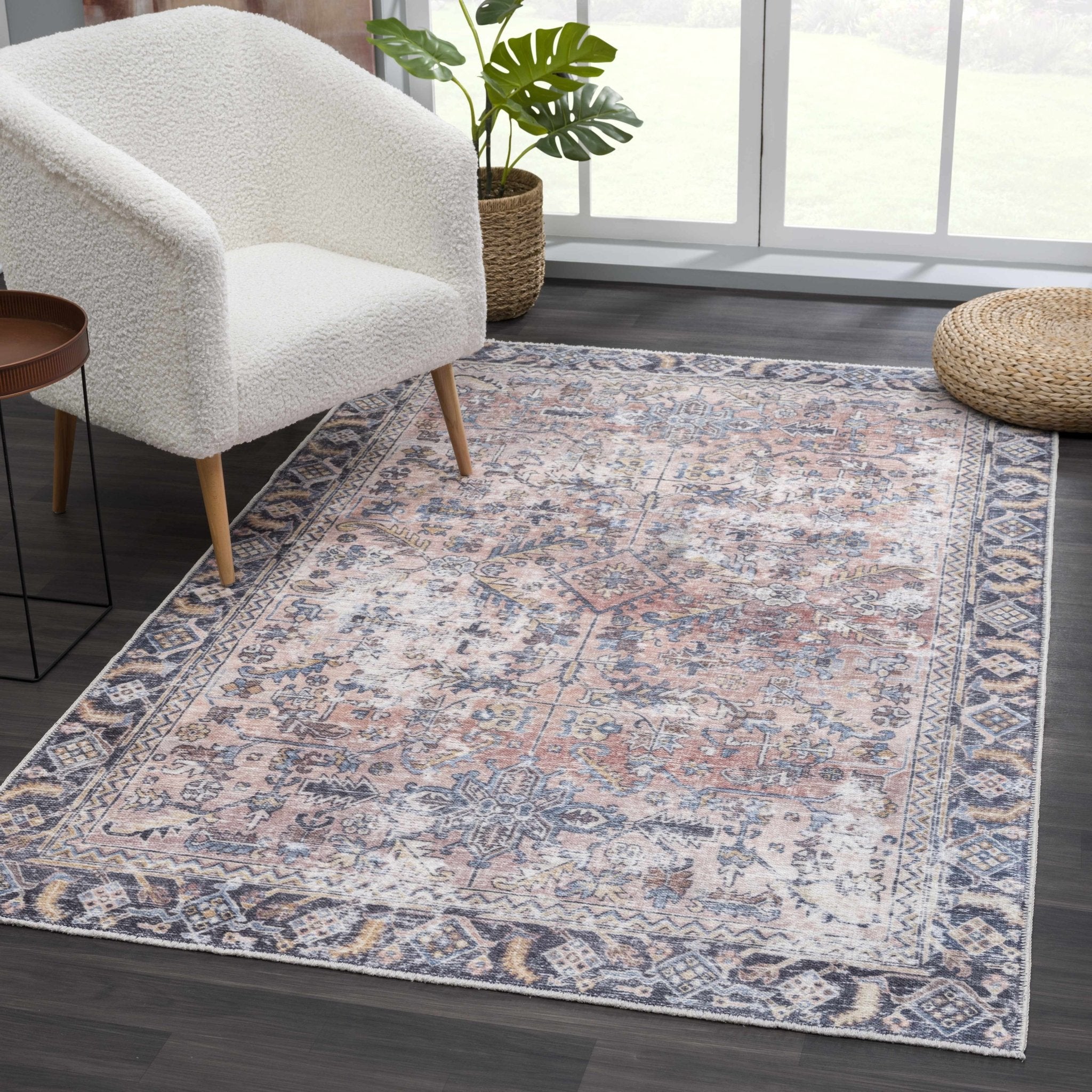 Traditional Floral Vintage Style Turkish Rust, Ivory and Black Rug