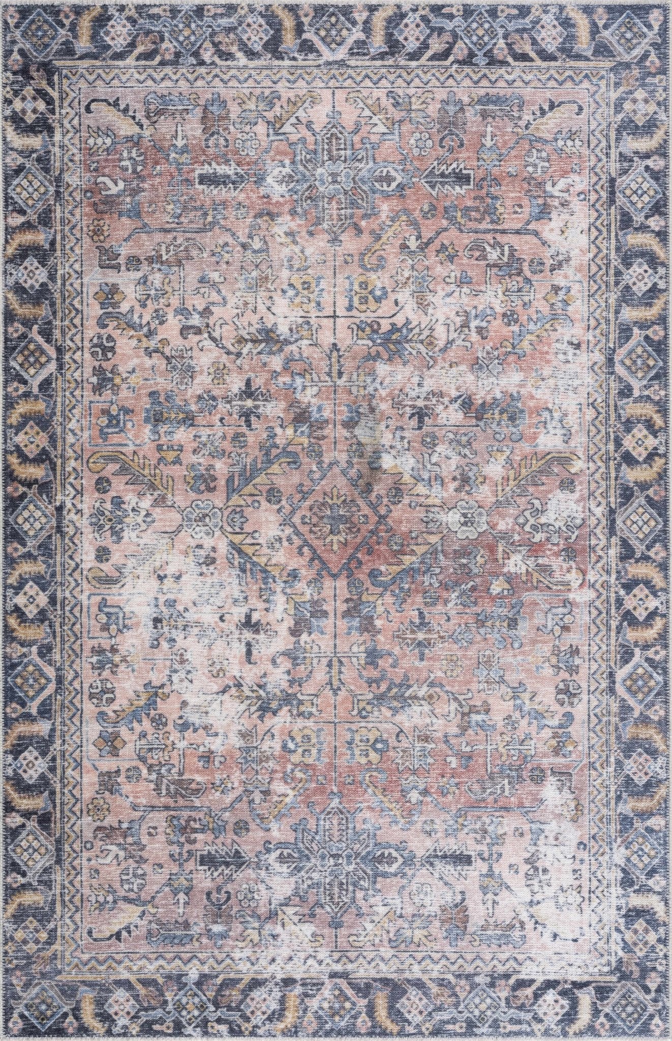 Traditional Floral Vintage Style Turkish Rust, Ivory and Black Rug