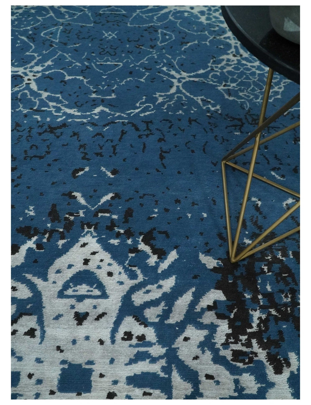 Transitional 7x10 Ivory, Blue and Black Modern Abstract Hand knotted Wool Area Rug - The Rug Decor