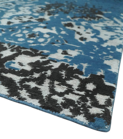 Transitional 7x10 Ivory, Blue and Black Modern Abstract Hand knotted Wool Area Rug - The Rug Decor