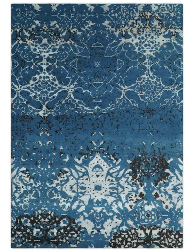 Transitional 7x10 Ivory, Blue and Black Modern Abstract Hand knotted Wool Area Rug - The Rug Decor