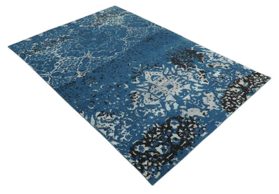 Transitional 7x10 Ivory, Blue and Black Modern Abstract Hand knotted Wool Area Rug - The Rug Decor