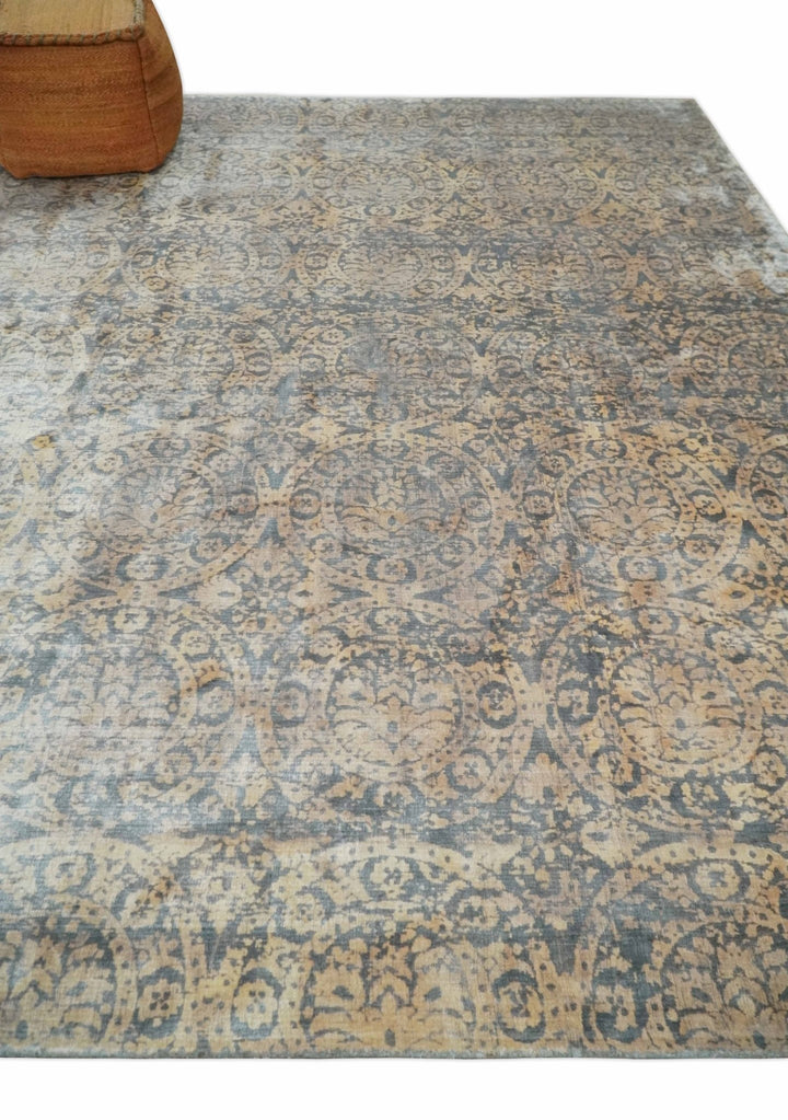 Transitional 8x10 Gray, Camel and Silver Traditional Handmade Art Silk Area Rug - The Rug Decor