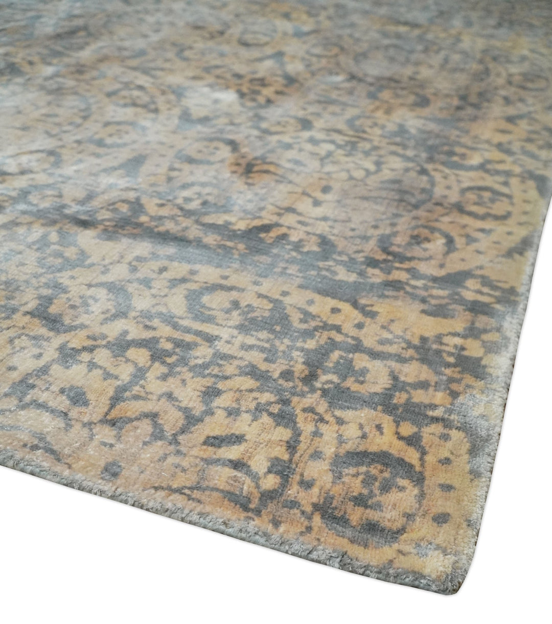 Transitional 8x10 Gray, Camel and Silver Traditional Handmade Art Silk Area Rug - The Rug Decor