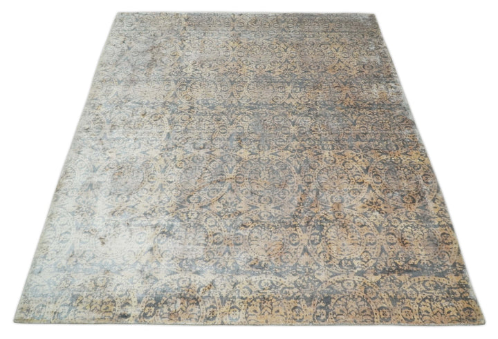 Transitional 8x10 Gray, Camel and Silver Traditional Handmade Art Silk Area Rug - The Rug Decor
