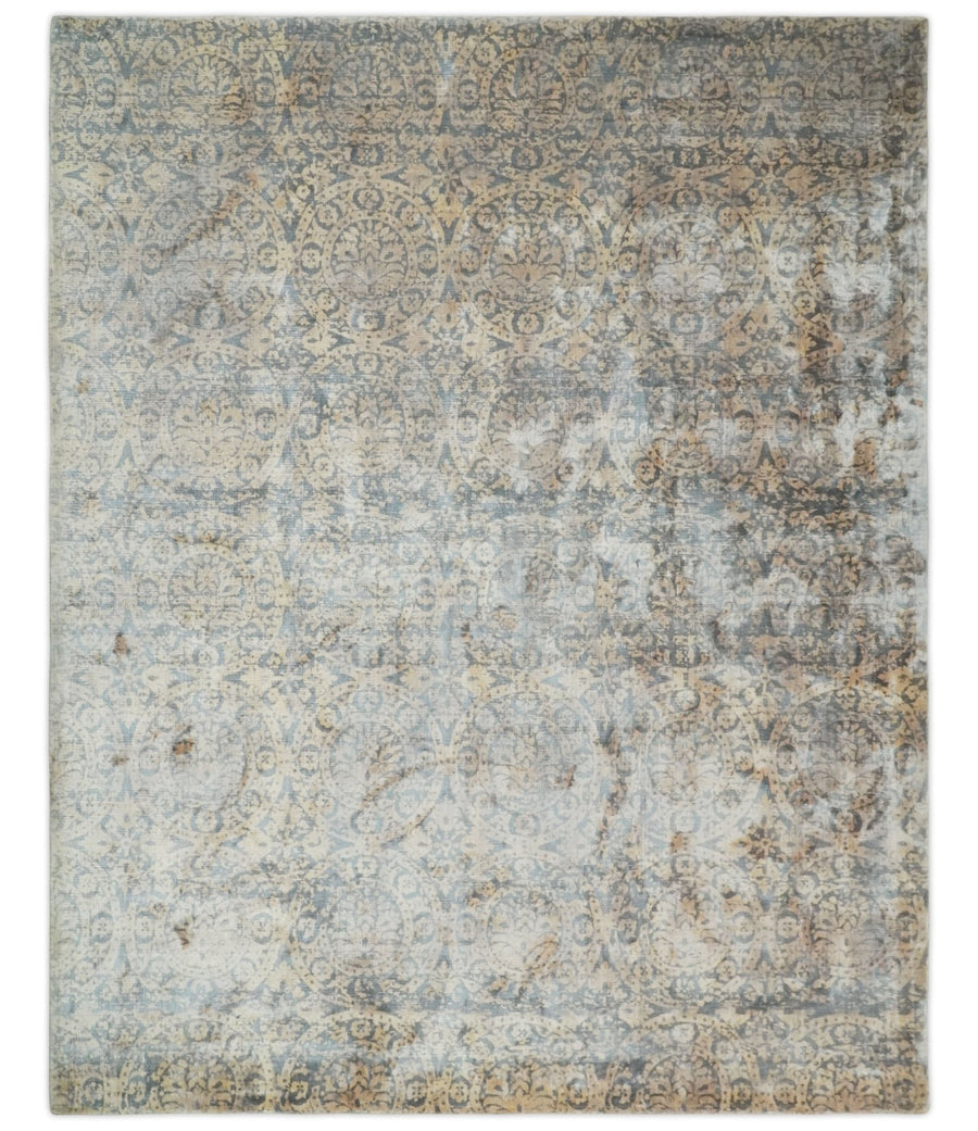 Transitional 8x10 Gray, Camel and Silver Traditional Handmade Art Silk Area Rug - The Rug Decor