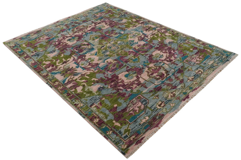 Transitional 8x10 Green, Silver, Peach and dark Purple wool Area Rug - The Rug Decor