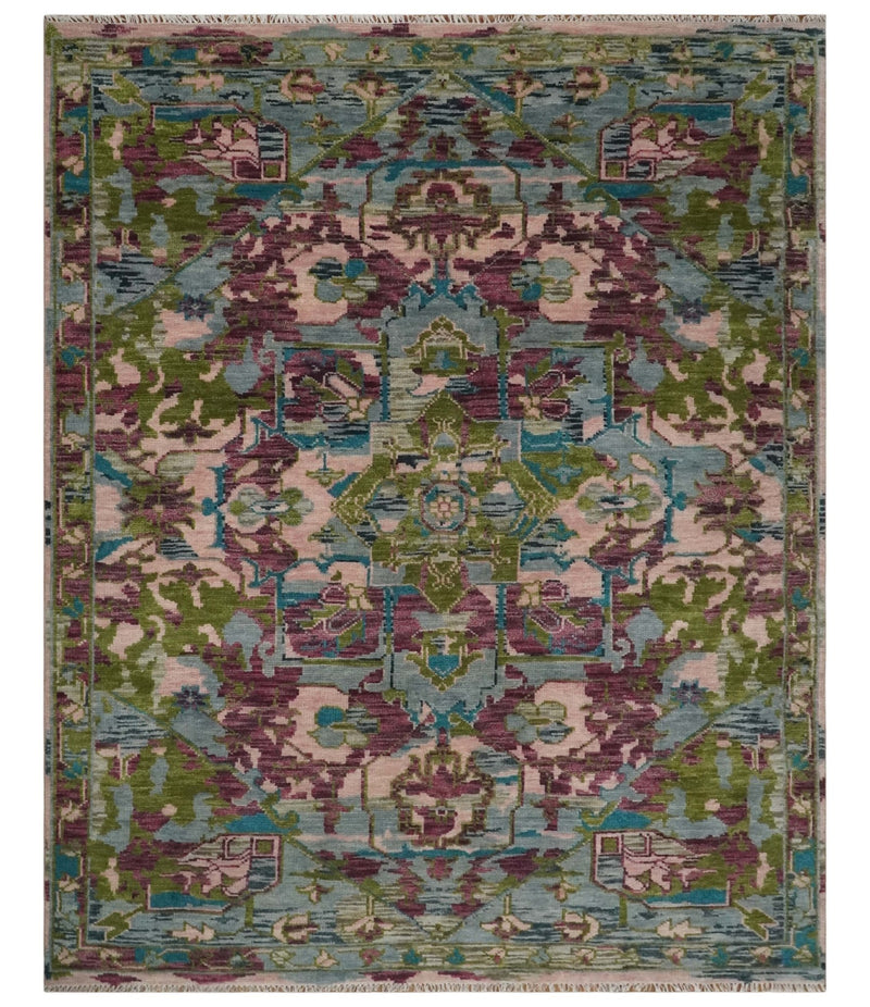 Transitional 8x10 Green, Silver, Peach and dark Purple wool Area Rug - The Rug Decor