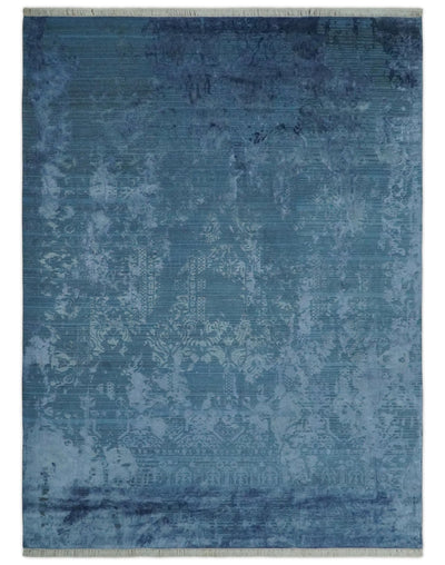 Transitional 8x11 Ivory and Blue Modern Abstract Hand knotted Wool and Art Silk Area Rug - The Rug Decor