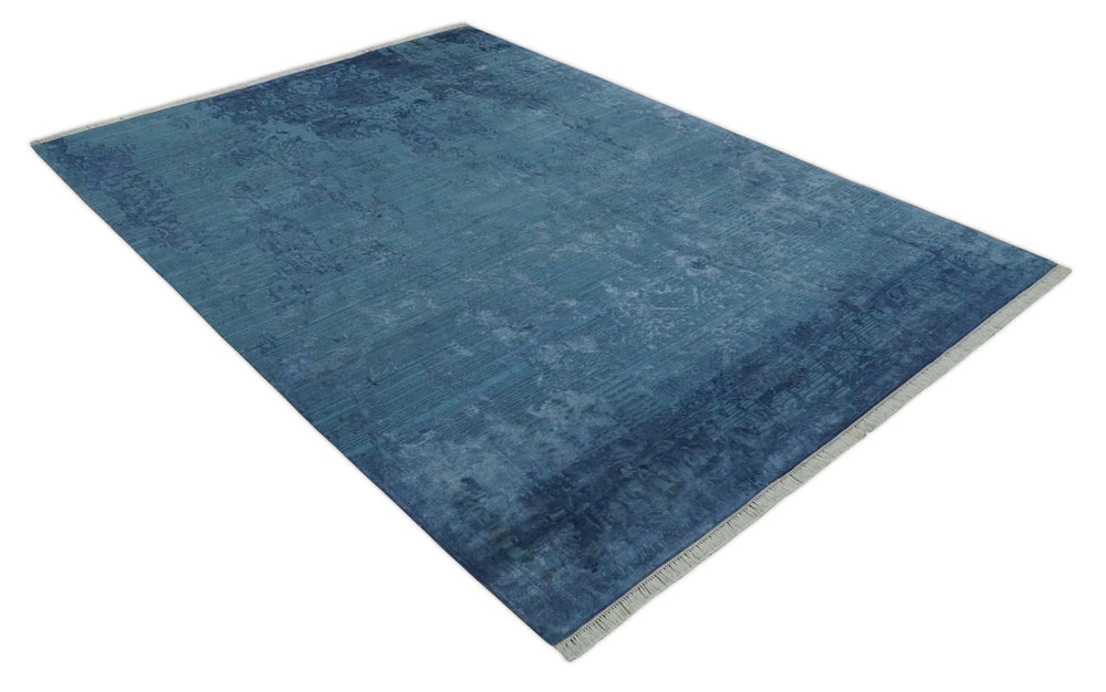 Transitional 8x11 Ivory and Blue Modern Abstract Hand knotted Wool and Art Silk Area Rug - The Rug Decor