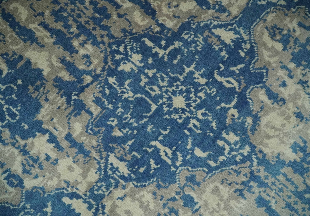 Transitional 9x12 Hand Knotted Blue and Ivory Ikat Pattern Traditional Wool Area Rug - The Rug Decor