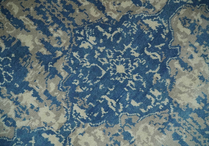 Transitional 9x12 Hand Knotted Blue and Ivory Ikat Pattern Traditional Wool Area Rug - The Rug Decor