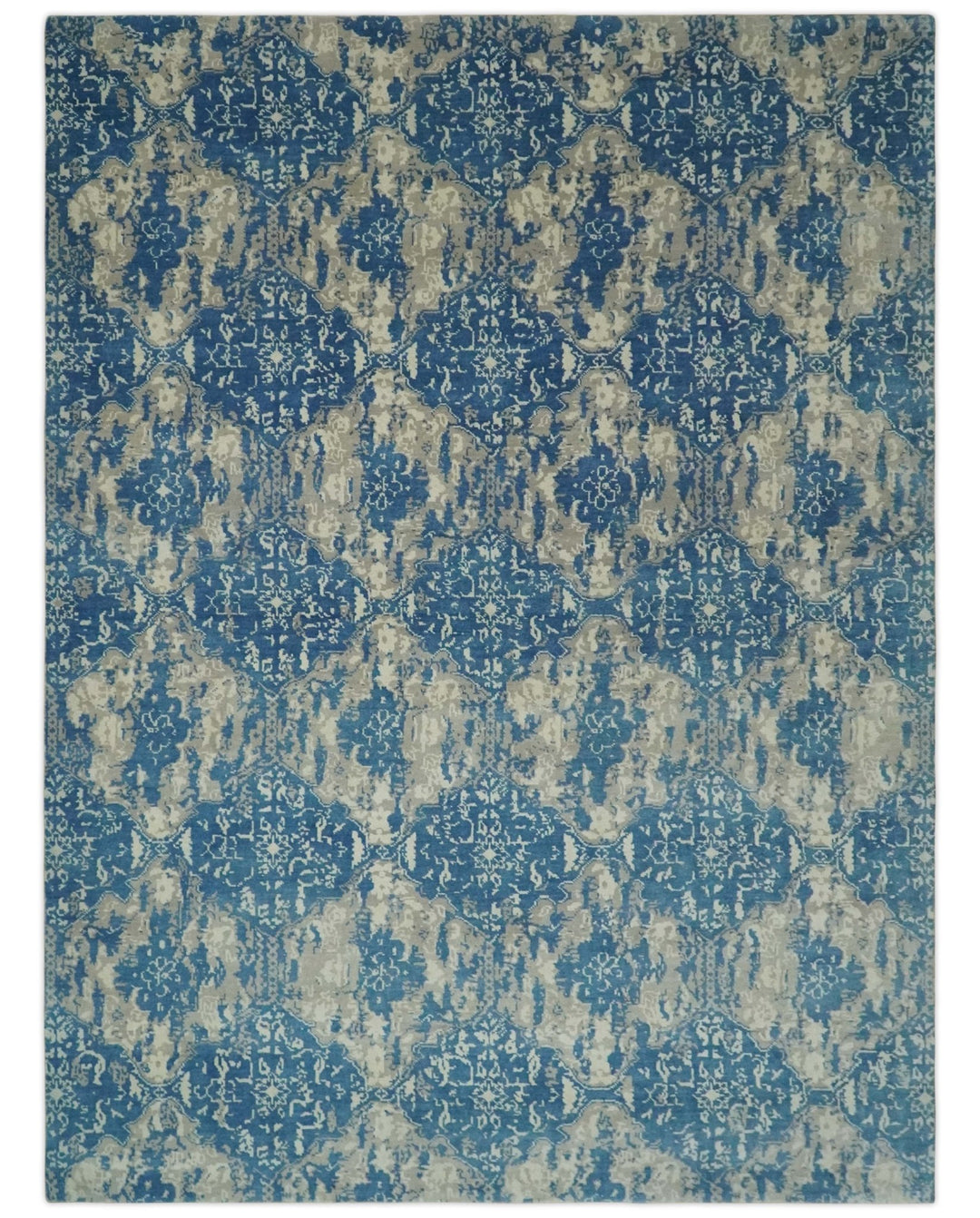 Transitional 9x12 Hand Knotted Blue and Ivory Ikat Pattern Traditional Wool Area Rug - The Rug Decor