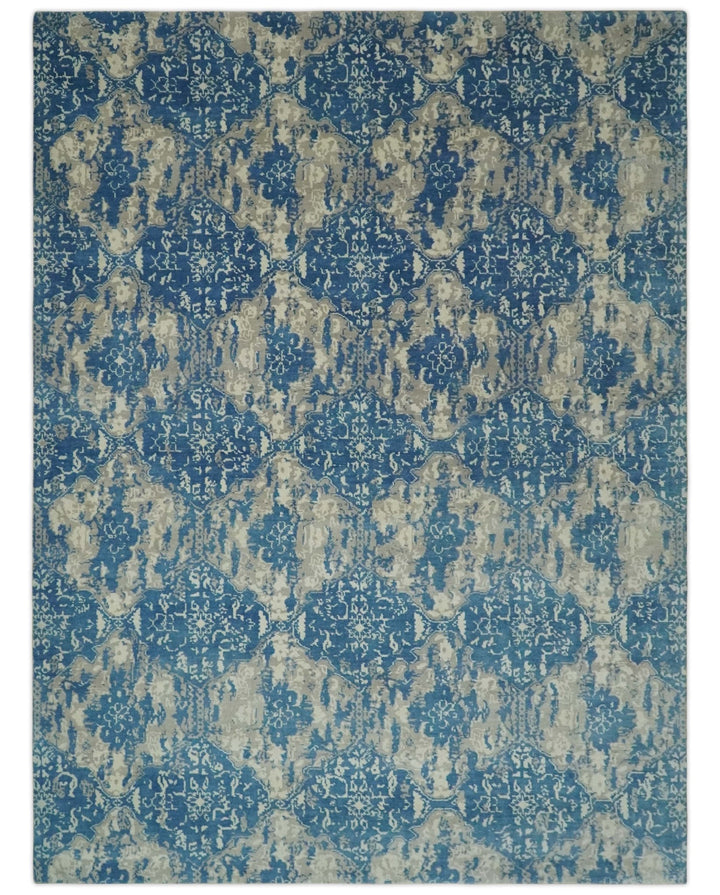 Transitional 9x12 Hand Knotted Blue and Ivory Ikat Pattern Traditional Wool Area Rug - The Rug Decor