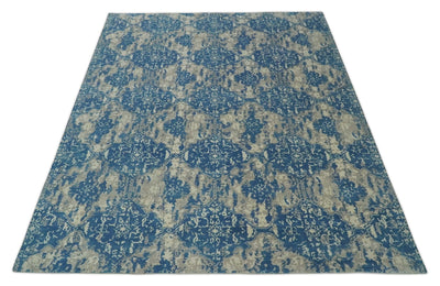 Transitional 9x12 Hand Knotted Blue and Ivory Ikat Pattern Traditional Wool Area Rug - The Rug Decor