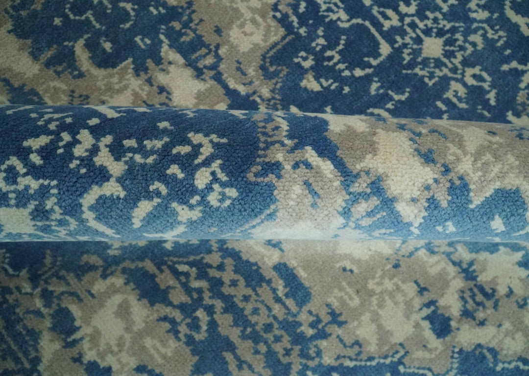 Transitional 9x12 Hand Knotted Blue and Ivory Ikat Pattern Traditional Wool Area Rug - The Rug Decor