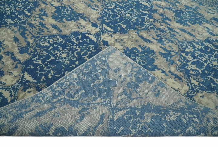 Transitional 9x12 Hand Knotted Blue and Ivory Ikat Pattern Traditional Wool Area Rug - The Rug Decor