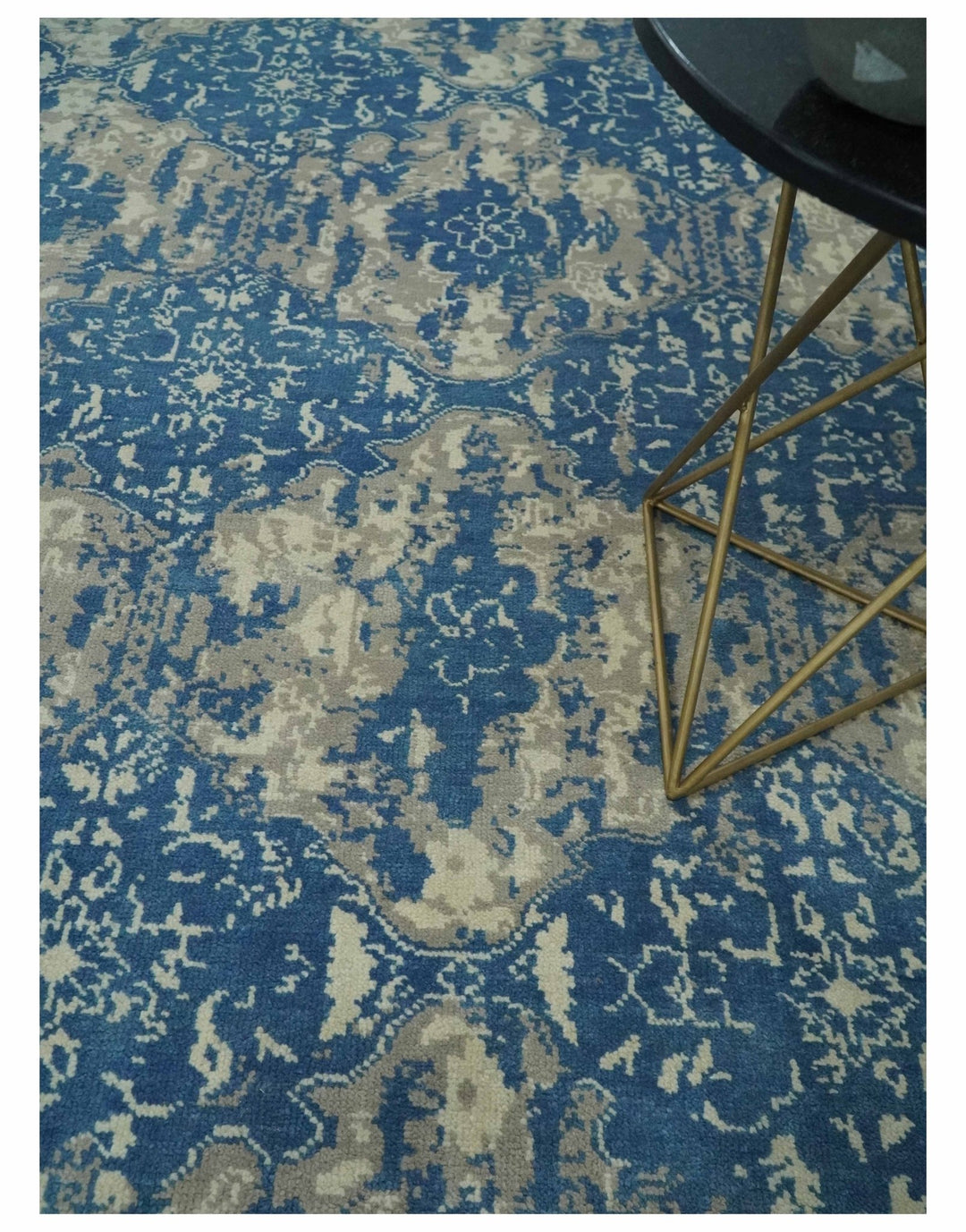 Transitional 9x12 Hand Knotted Blue and Ivory Ikat Pattern Traditional Wool Area Rug - The Rug Decor