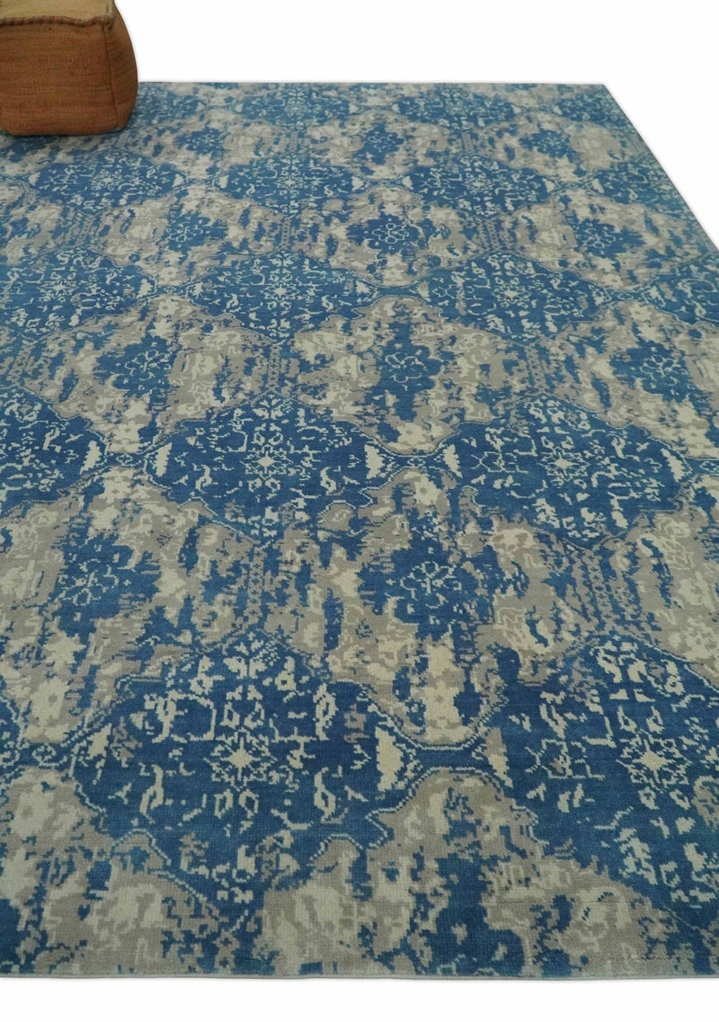 Transitional 9x12 Hand Knotted Blue and Ivory Ikat Pattern Traditional Wool Area Rug - The Rug Decor