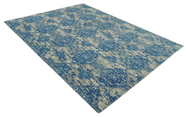 Transitional 9x12 Hand Knotted Blue and Ivory Ikat Pattern Traditional Wool Area Rug - The Rug Decor