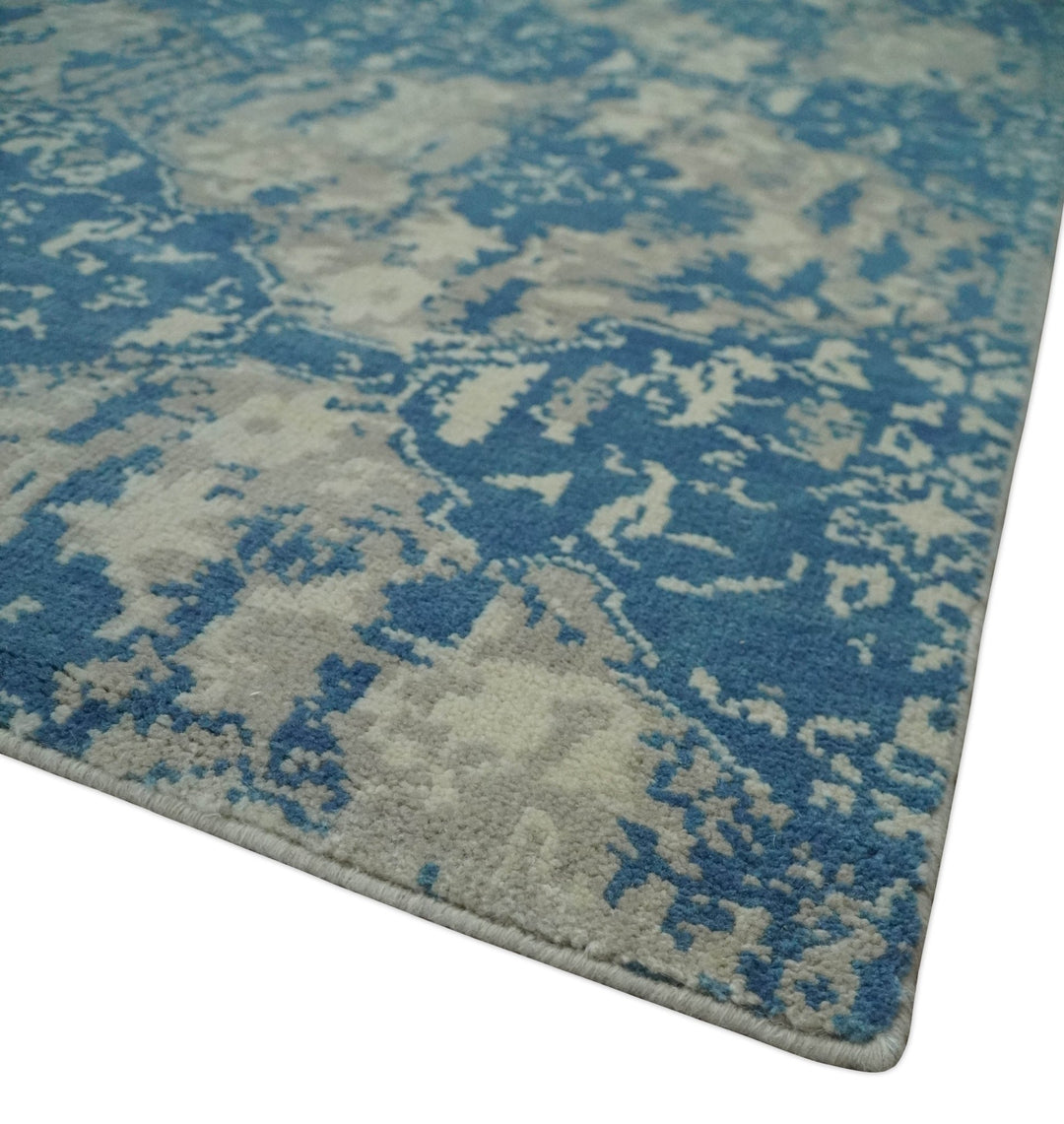 Transitional 9x12 Hand Knotted Blue and Ivory Ikat Pattern Traditional Wool Area Rug - The Rug Decor