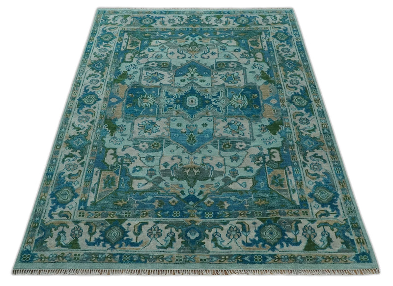 Transitional Aqua and Ivory Hand Knotted Antique 8x10 Traditional Wool Rug - The Rug Decor