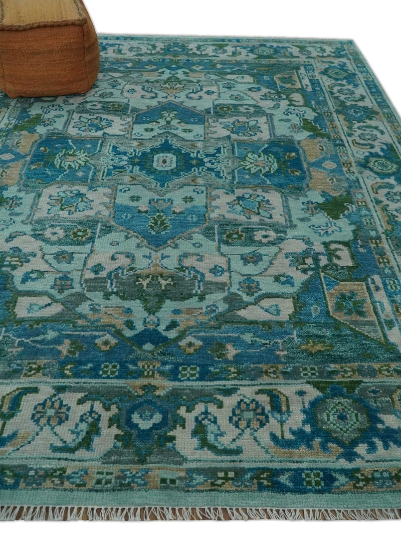 Transitional Aqua and Ivory Hand Knotted Antique 8x10 Traditional Wool Rug - The Rug Decor