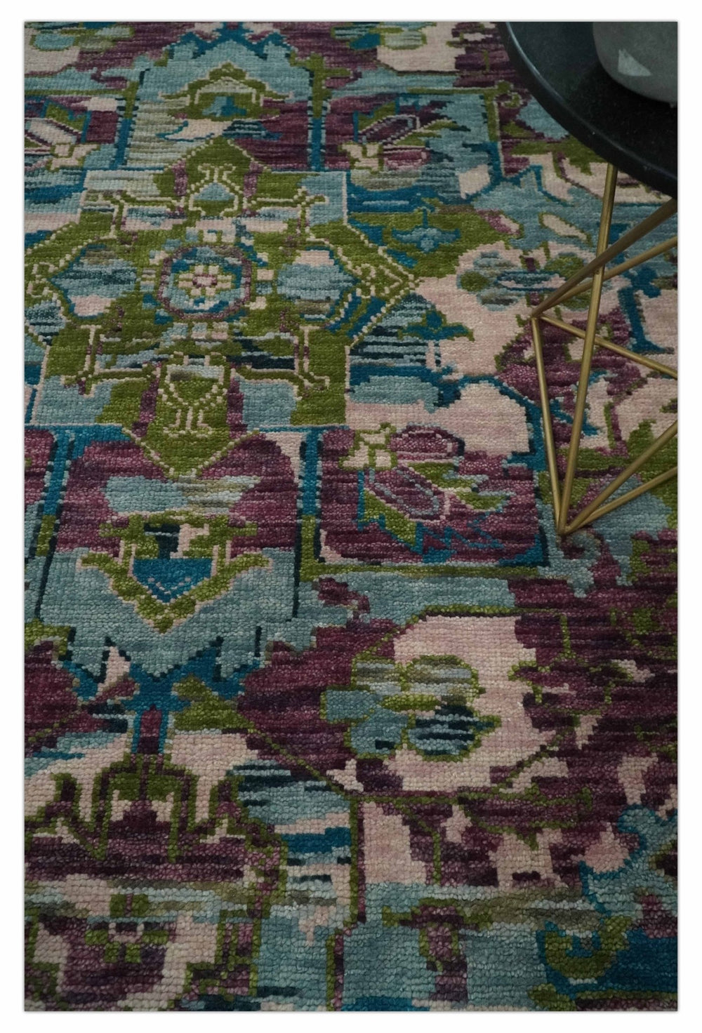 Transitional Hand Knotted Custom Made Green, Aqua, Peach and Purple Wool Rug - The Rug Decor