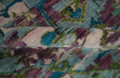 Transitional Hand Knotted Custom Made Green, Aqua, Peach and Purple Wool Rug - The Rug Decor