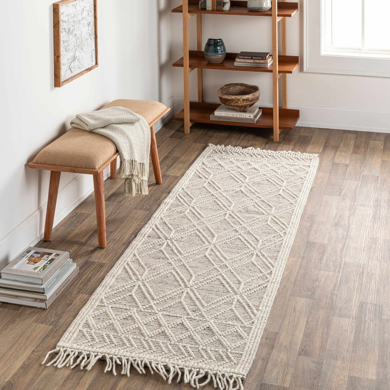 Transitional Hand Woven Ivory and Beige Tasseled Texture Wool Cotton Blended Rug - The Rug Decor