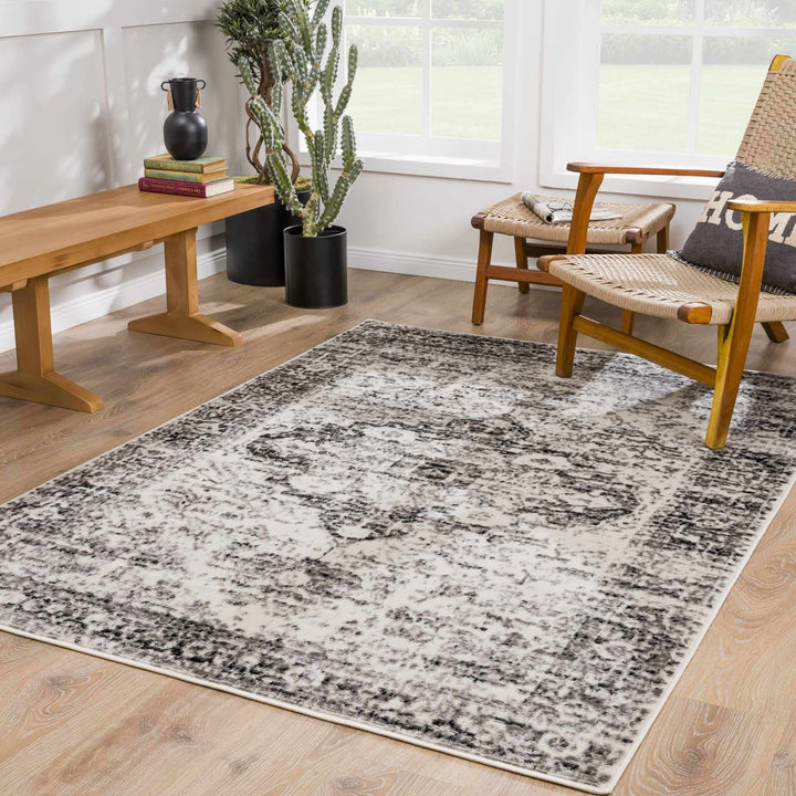 Transitional Medallion Heriz Design Beige, Black and Gray Medium Pile Area Rug - The Rug Decor