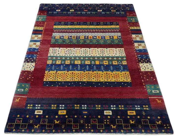 Tree 5x7 Multicolor Red and Blue Hand Knotted Wool Hand Made Lori Rug | KNT45 - The Rug Decor