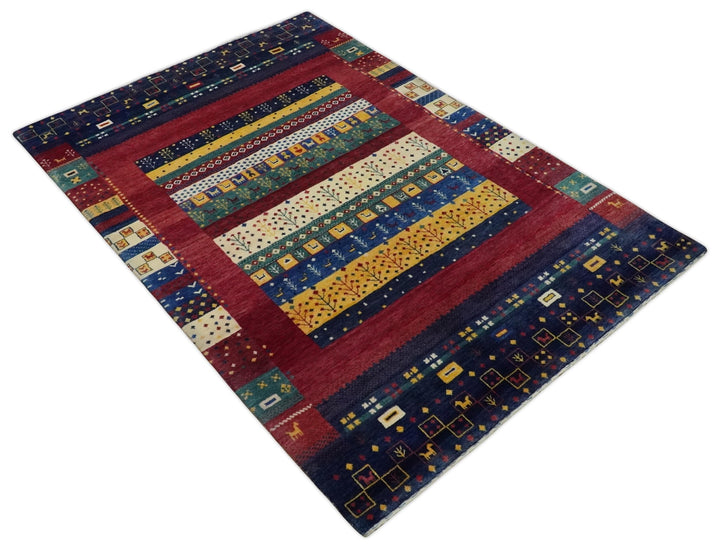 Tree 5x7 Multicolor Red and Blue Hand Knotted Wool Hand Made Lori Rug | KNT45 - The Rug Decor